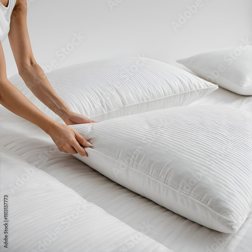 a woman straightens the pillows lying on a bed, preparing a well-made bed.