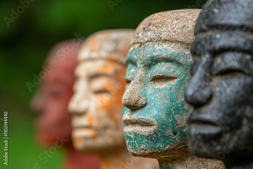 Ancient Maya-style decorative masks in row showing different colors and weathered textures. Tribal art sculpture collection displaying ceremonial faces with copy space