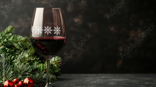 Mockup of Christmasthemed red wine glasses with snowflakes etched on the surface, set on a holiday table wine glass, festive drinks