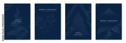 Merry Christmas and Happy New Year greeting card vector set. Luxury invitation with Christmas tree, snowflake, spot texture on navy blue background. Design illustration for season's card, ads.