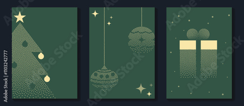 Merry Christmas and Happy New Year greeting card vector set. Luxury invitation with Christmas tree, gift, snowflake, spot texture on green background. Design illustration for season's card, ads.