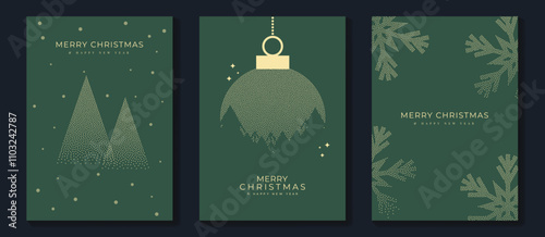 Merry Christmas and Happy New Year greeting card vector set. Luxury invitation with Christmas tree, gift, snowflake, spot texture on green background. Design illustration for season's card, ads.