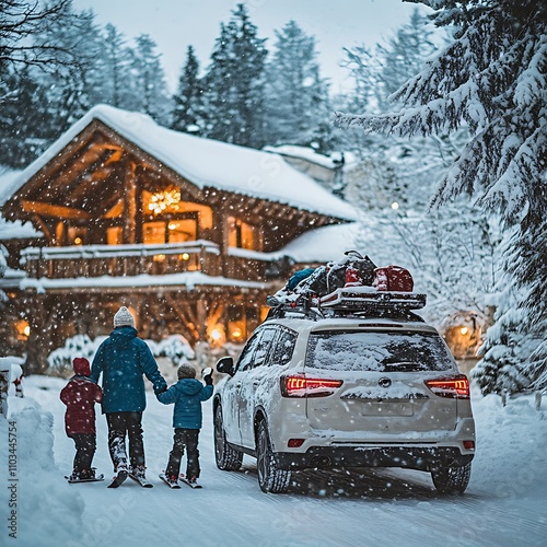 Family arrives at snowy chalet with skis and luggage on car.