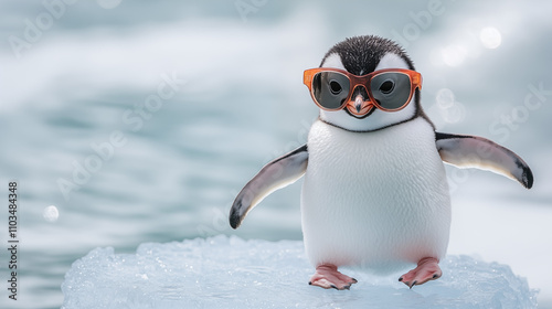 Penguin wearing oversized sunglasses doing a perfect ballet pirouette on an ice crystal platform