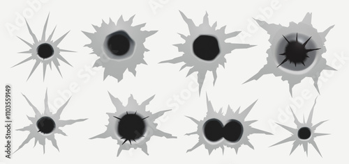 Set of bullet holes. Exploding bullet holes. Round damage with cracks from punching and exploding shells as symbol of danger and aggressive war. Torn holes vector illustration.