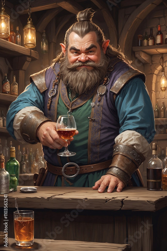 A jovial dwarf bartender in a fantasy tavern, holding a glass of wine. Perfect for fantasy art, game design, and tavern-themed projects. A whimsical and inviting image.