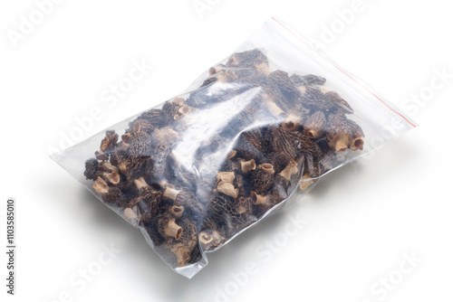 Dried morel mushrooms in a transparent plastic bag