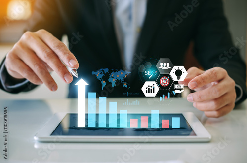 Business data analysis of digital growth marketing financial technology and economic for company SWOT marketing and SEO strategy planning.