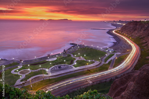 La Costa Verde under the night sky.The city lights dance along the coast, waves softened into mist with the long exposure, creating a dreamscape that feels otherworldly. Miraflores Lima Peru