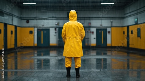 In a dramatic industrial setting, a lone figure in a yellow raincoat stands resolute, contrasting vivid color with the drab metallic environment.