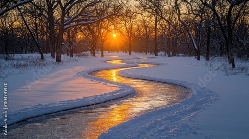 Serene Winter Landscape with Meandering Stream and Golden Sunset Amid Snow-Covered Trees in Tranquil Nature Scene