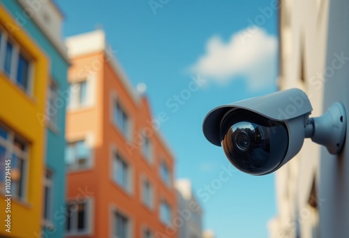 A sleek security camera is mounted on a wall, capturing the essence of a colorful urban landscape filled with bright buildings in shades of yellow and orange. The clear blue sky serves as a backdrop