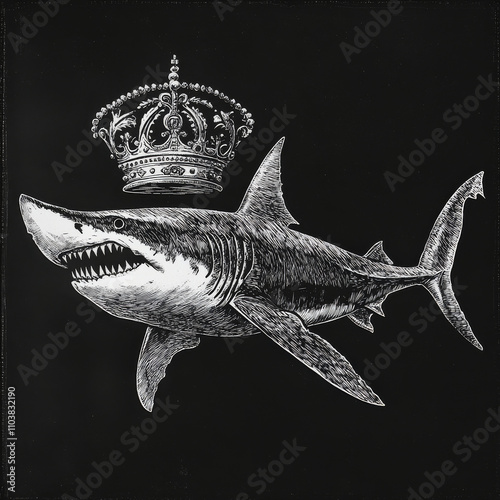 A tiger shark with a punk-style mane, crowned with a royal crown, symbolizing both fearlessness and royalty. The scratchboard-style engraving emphasizes the sharpness of the shark's body and the regal