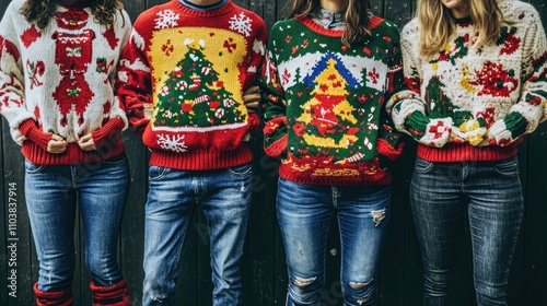 A festive gathering featuring a group of people wearing different ugly Christmas sweaters, each showcasing unique and outrageous designs.