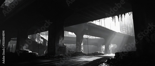 Shadowy depths of an industrial highway overpass its cavernous structure casting an ominous atmosphere and revealing ambiguous shapes and whispers A moody