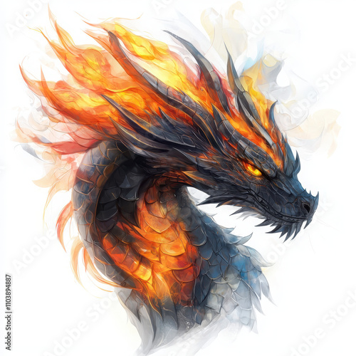 Dramatic dragon head in fiery flames fantasy realm digital art vivid colors dynamic perspective stylized concept for visual impact