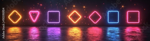 A retro sign collection with a clear background, showcasing a contemporary realistic depiction of red square, round, and diamond-shaped frames decorated with light bulbs, intended for a game UI with