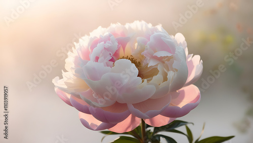 In the morning, beautiful peony flowers glisten with dew drops. The soft pink petals are delicately layered, aesthetic peony flowers Created with generative AI