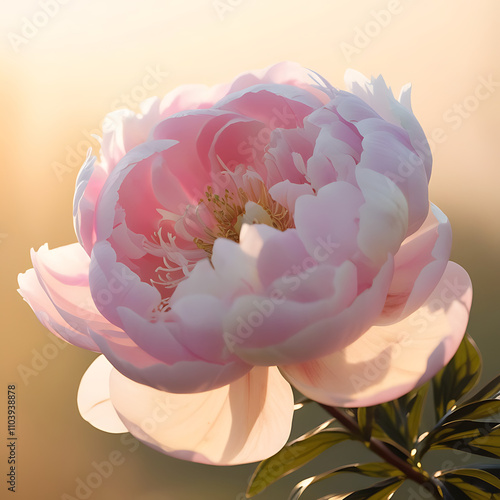 In the morning, beautiful peony flowers glisten with dew drops. The soft pink petals are delicately layered, aesthetic peony flowers Created with generative AI