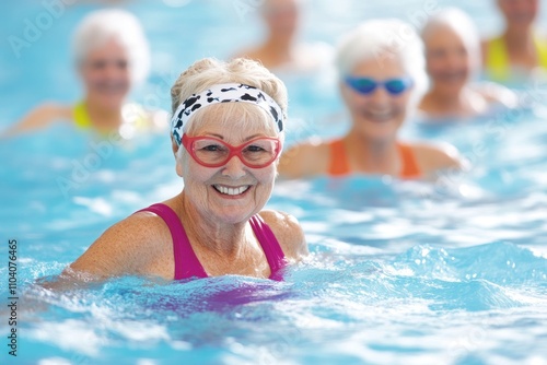 Elderly woman in pink swimsuit smiling in the water