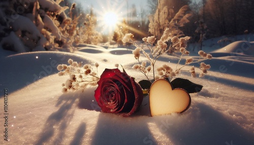 Mitten in einer Winterlandschaft liegt im Schnee ein Herz mit einer roten Rose, herbstliche Zweige liegen dahinter, die Sonne scheint sanft 