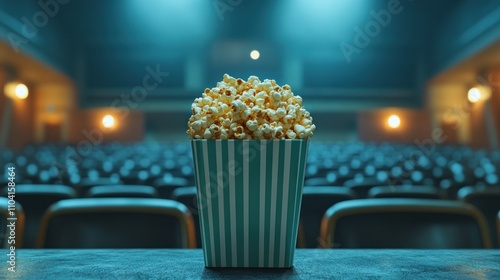 Popcorn bucket graces a dimly lit theater auditorium