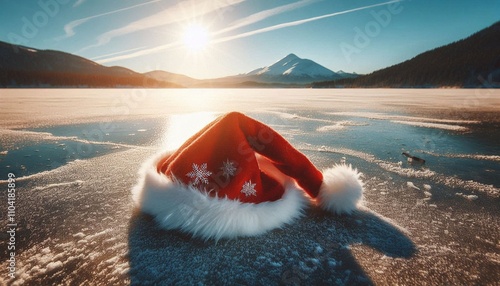 Am Rande eines Sees liegt mitten im Winter eine rote Weihnachtsmütze, die Sonne scheint sanft, im Hintergrund die Berge