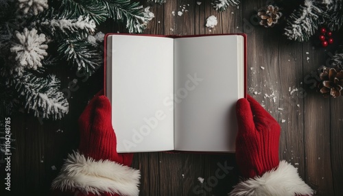 Santa Claus Showcasing A Book With Empty Pages, Perfect For A Christmas Book Mockup. Get In The Holiday Spirit With This Festive Image.