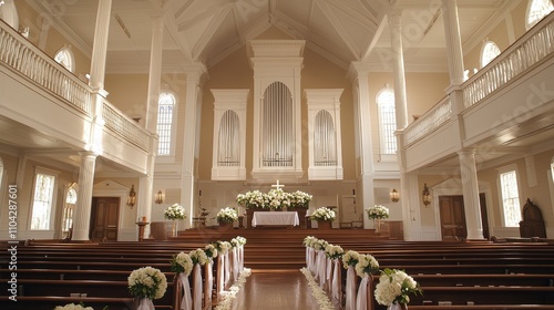 A wedding ceremony in a church is marked by white floral arrangements that adorn the aisle, culminating at an altar situated beneath a stained glass window.