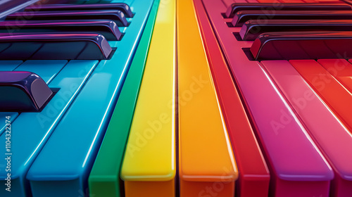 Vibrant rainbow-colored piano keys reflecting light and shadow