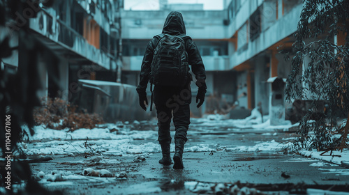 Hooded figure explores desolate snow-dusted ruins of abandoned buildings in an eerie urban wasteland