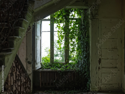 An overgrown staircase covered with ivy in an abandoned structure. Rust and natural light interplay to create a hauntingly beautiful setting. Generative AI