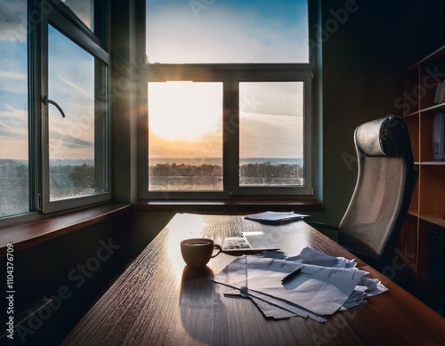 An empty office in the early morning, with a cold light coming through the window. Messy papers on the desk, a half-empty cup of coffee, and an empty chair, showing the stress and routine of a difficu