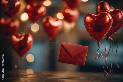 romantic valentines celebration, on valentines day, sweet gestures like a love letter in a red envelope, heart-shaped balloons, and a warm, affectionate atmosphere