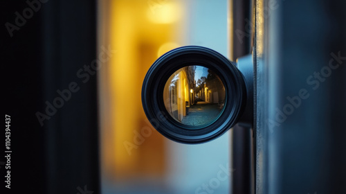 door scope A circular window with a reflection of a street scene. The reflection is blurry and the street appears to be empty