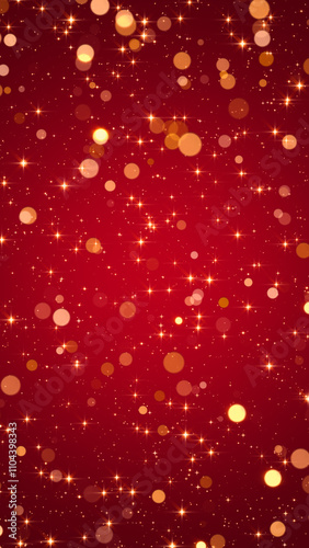 christmas red background with shiny glitter stars and glowing bokeh lights falling, holiday new year celebration vertical social media background