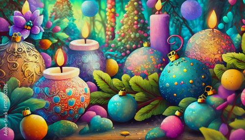 oil painting style cartoon illustration multicolored Rustic decor for christmas candles and background light 