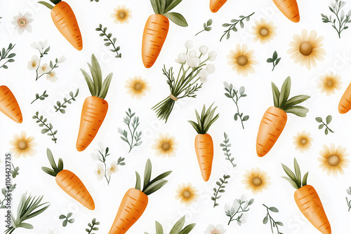 A pattern of carrots and flowers is displayed on a white background