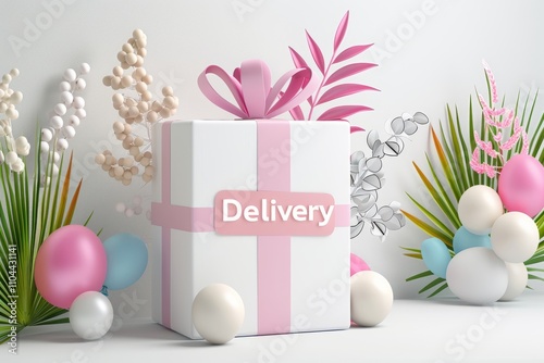 Blue gift box with pink bow and ribbon labeled with the word delivery surrounded by colorful 3d flowers and leaves