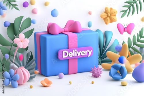 Blue gift box with pink bow and ribbon labeled with the word delivery surrounded by colorful 3d flowers and leaves