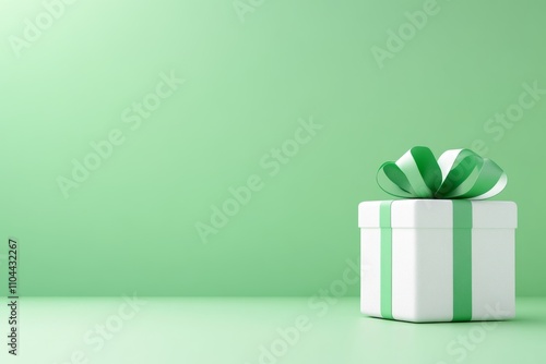 Christmas gift boxes decorated with green and white ribbons on green background