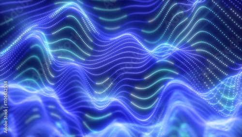 Abstract waves of glowing particles in vibrant blue creating a dynamic and fluid digital landscape against a dark background