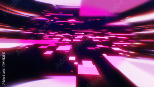 A vibrant, abstract featuring colorful glowing squares in motion, creating a dynamic and futuristic feel for technology innovation digital landscapes