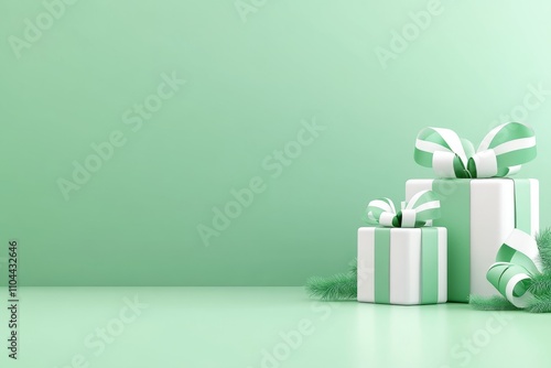 Christmas gift boxes decorated with green and white ribbons on green background