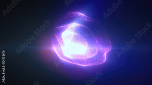 Glowing purple particles creating a floating sphere shape with intense light at its core, set against a deep violet background