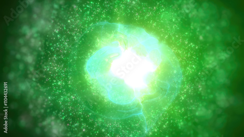 A glowing green nebula sphere with a white core, surrounded by sparkling particles, creating a sense of cosmic energy and mystery background