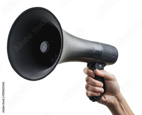 Hand holding a loudspeaker during a rally event, cut out - stock png.