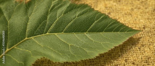 High-magnification picture of a leaf with veins and ridges in high relief on a natural fiber background, close-up image, macro leaves, natural fibers