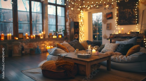 Cozy living room interior design with oversized beanbags, a low wooden coffee table, and an eclectic mix of hanging fairy lights.