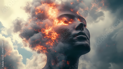 Cortical plasticity cerebellar circuits and temporal coding human head covered in smoke like clouds symbolizing confusion mental struggle and clouded thoughts. Temporal. Illustration